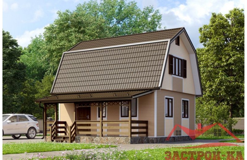 Домик с ломаной мансардой, террасой и балконом