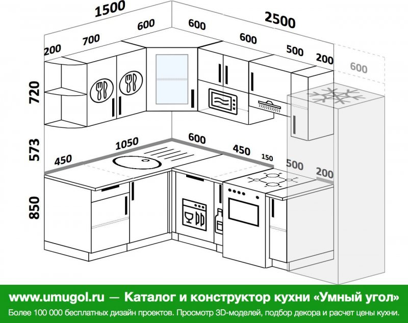 Угловая кухня 2500 на 1500