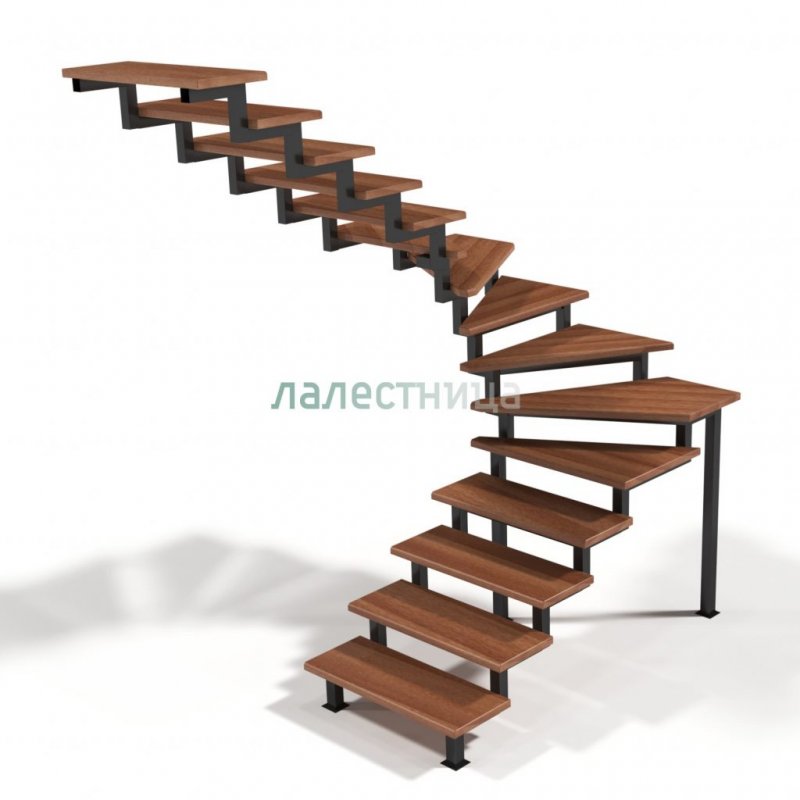 Лестница п-образная с забежными ступенями на металлическом каркасе