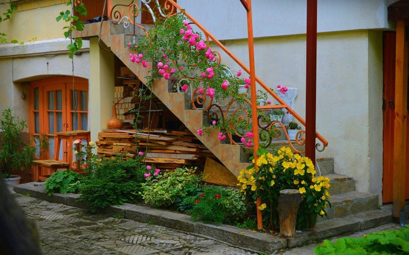 Лестница с цветами в саду