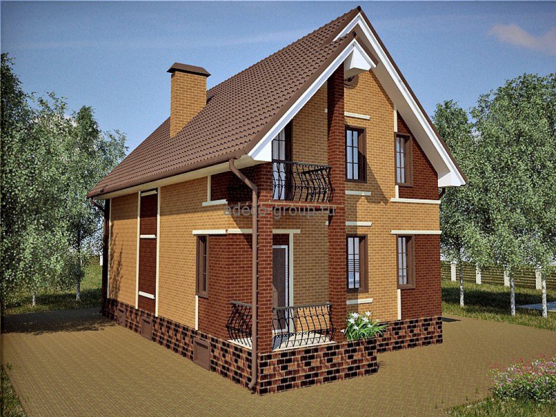 Кирпичный дом с террасой и балконом