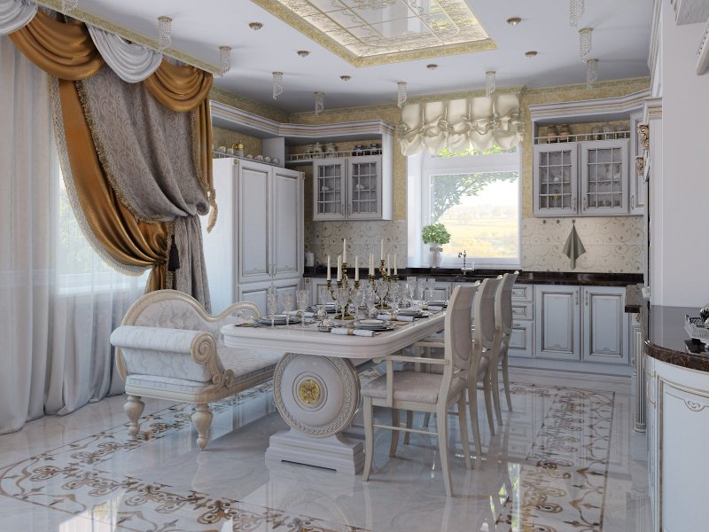 Неоклассика в интерьере кухни столовой