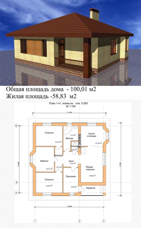 Проект дома 10 на 10 одноэтажный вход сбоку