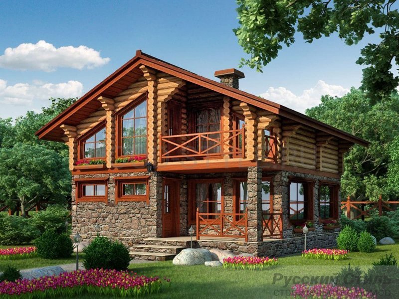 Комбинированный дом из камня и бревна