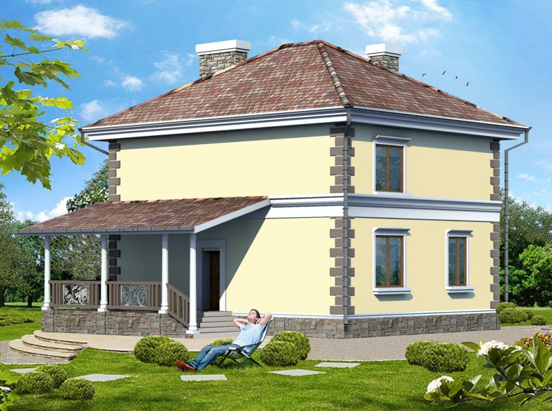 Двухэтажный дом с четырехскатной крышей