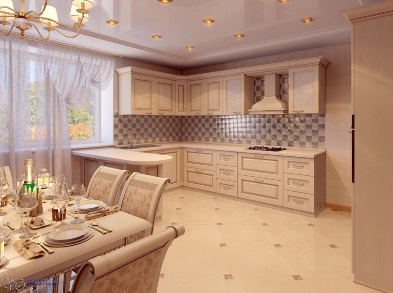 Бежевая кухня в частном доме