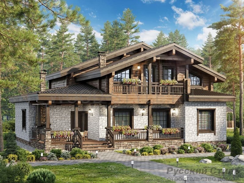 Комбинированные дома из камня и дерева в стиле Шале