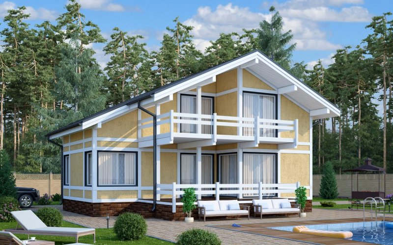 Двухэтажный каркасный дом с террасой и балконом