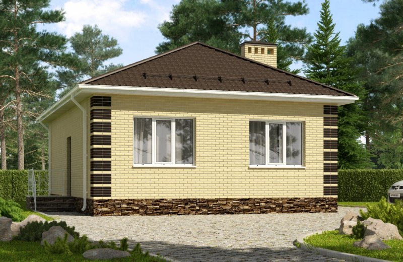 Одноэтажный дом с четырехскатной крышей и крылечком