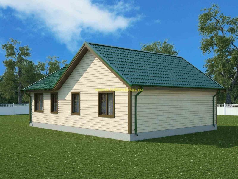 Одноэтажный дом с серой крышей из металлочерепицы