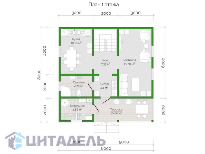 Проект одноэтажного дома 6х6 с кухней и санузлом