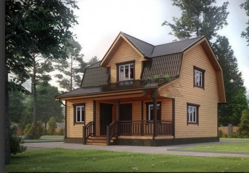 Проект дома из бруса 8*8 с окнами в пол и мансардой