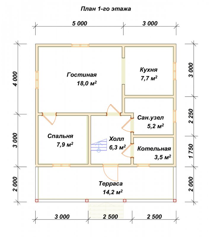 Планировка дома с крыльцом и мансардой 11*11