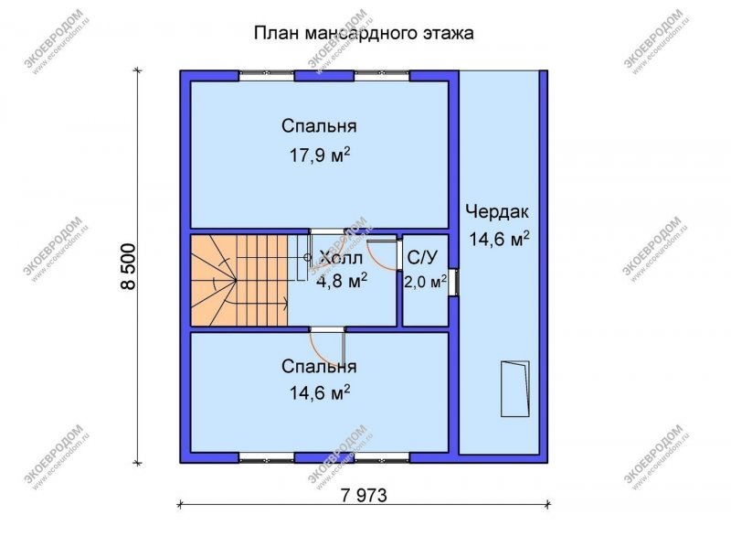 Проект дома 8 на 8 двухэтажный из газобетона с котельной