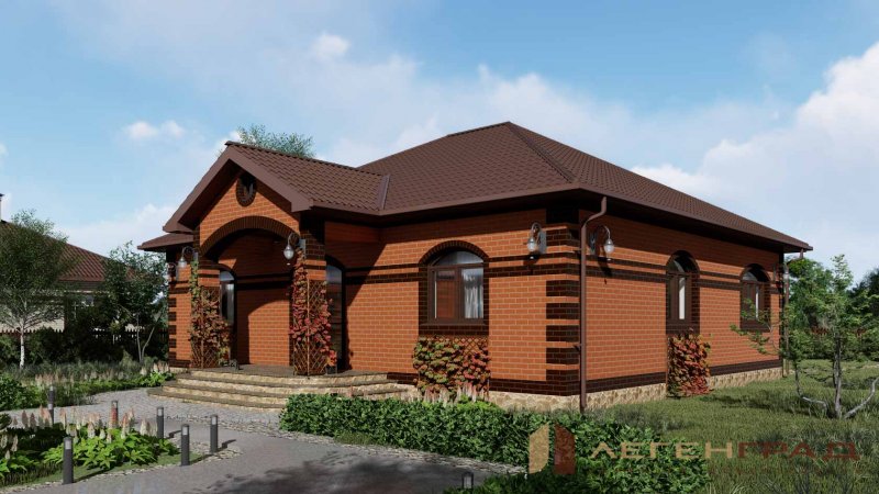 Красивый одноэтажный кирпичный дом