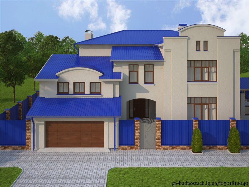 Фасад с синей крышей
