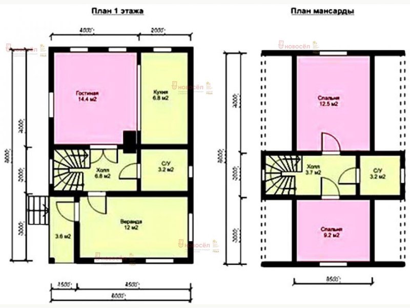 Планировка дома 6х8 с мансардой из пеноблоков