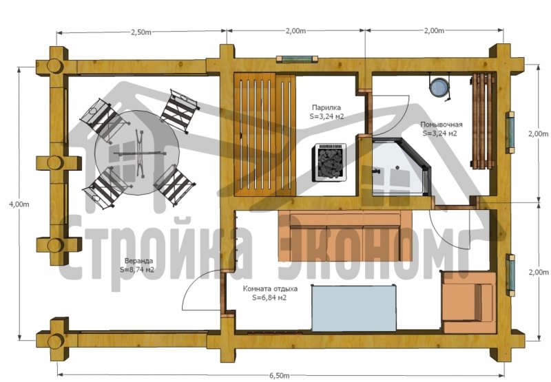 Планировка сауны на 4 человека