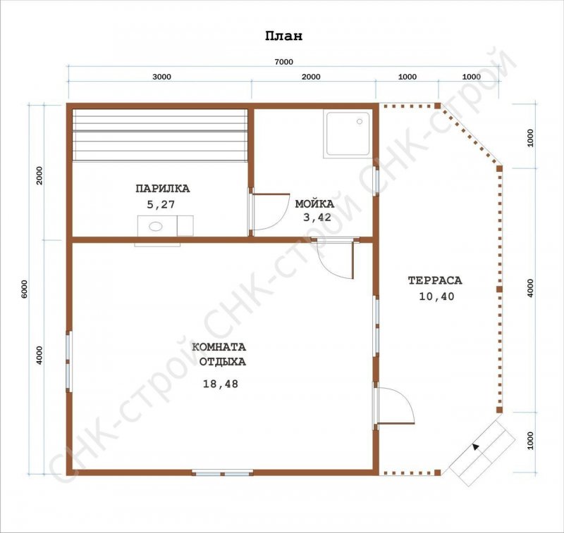 Планировка бани 6х7 с туалетом