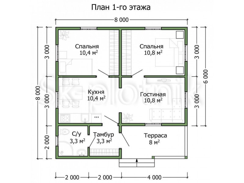 Проект одноэтажного брусового дома в графике