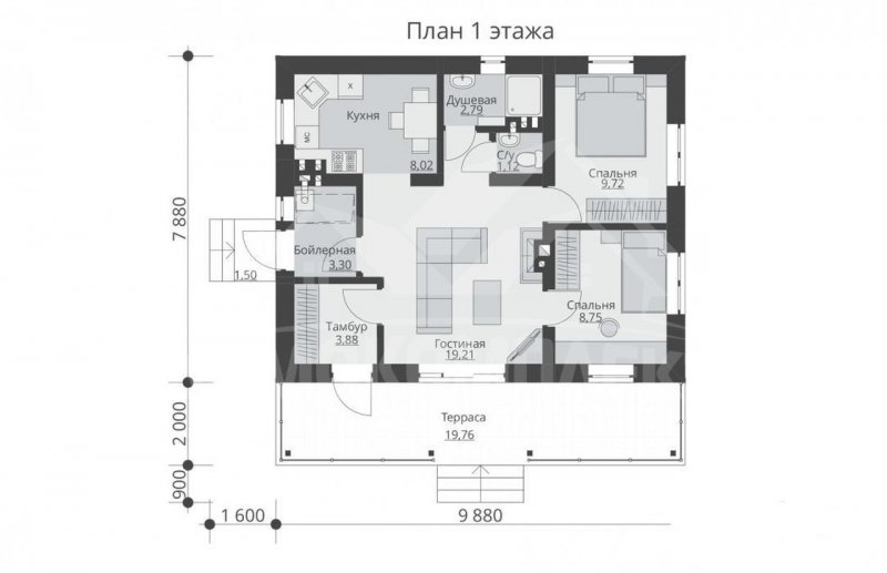 Проект 1 этажного дома с 2 спальнями
