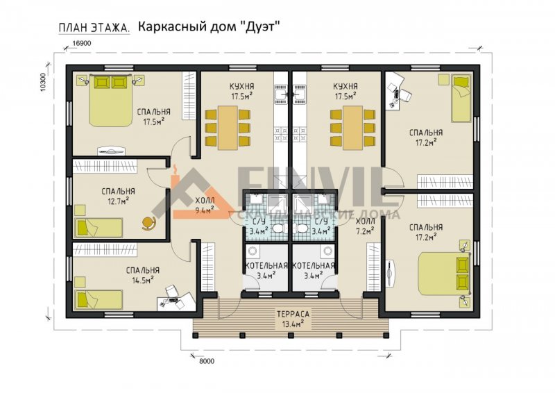 Одноэтажный дуплекс планировка 100м2