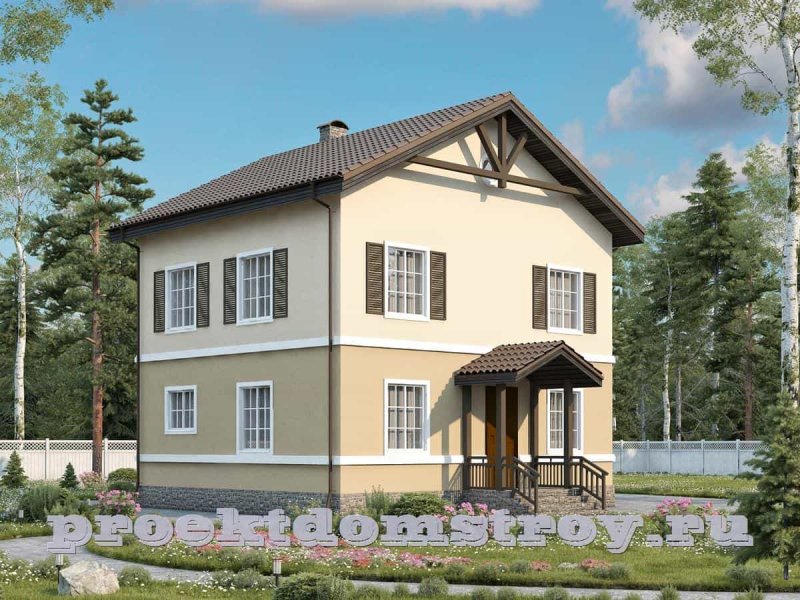 Двухэтажный дом с двускатной крышей из газоблока