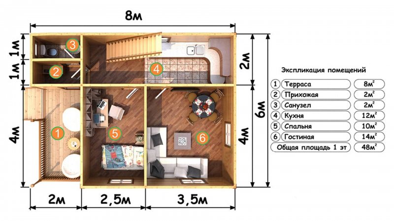 Планировка каркасного дома 6х8