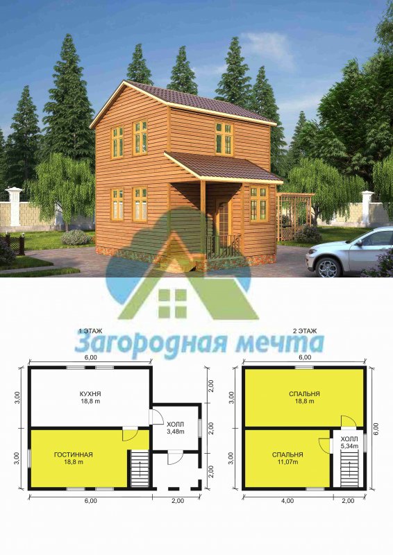 Каркасный домик 6х6 двухэтажный