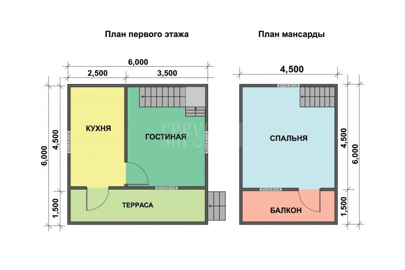 План одноэтажного дома 6х6 с туалетом и душем