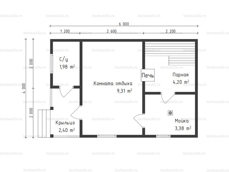 Планировка бани 6х2.4
