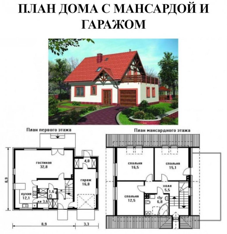 План дома с мансардой и гаражом с размерами