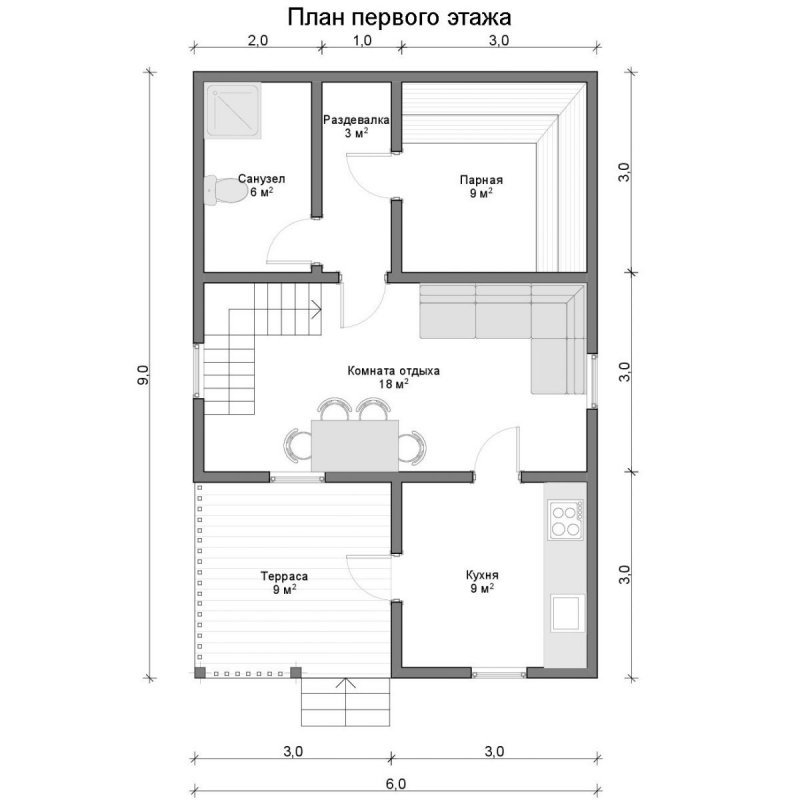 Планировка бани 6х9 с мансардой