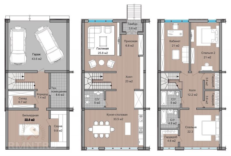 Планировка двухэтажного таунхауса 160м2