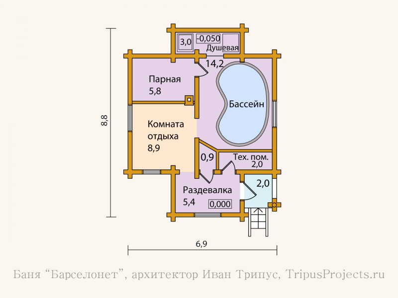 План бани с бассейном 6х8