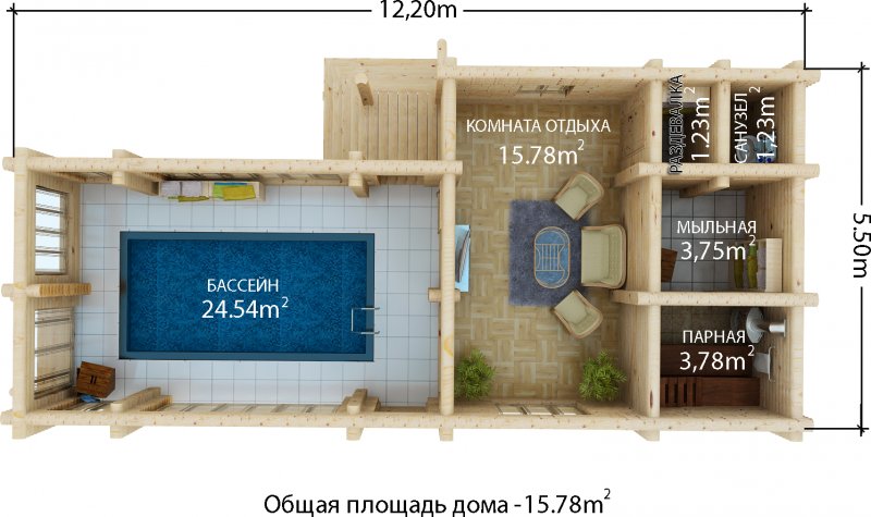 Планировка бани с бассейном