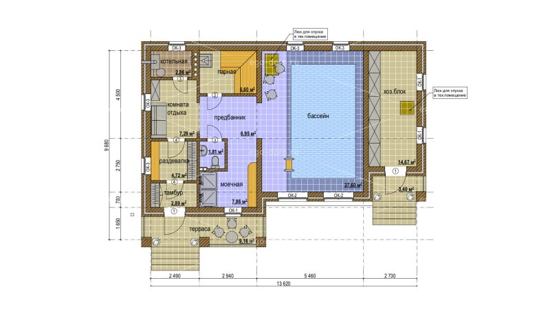 Планировка бани 6х6 с бассейном
