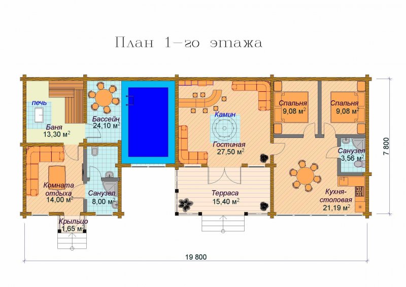 Проекты бань из бревна 6×6 с бассейном и комнатой отдыха