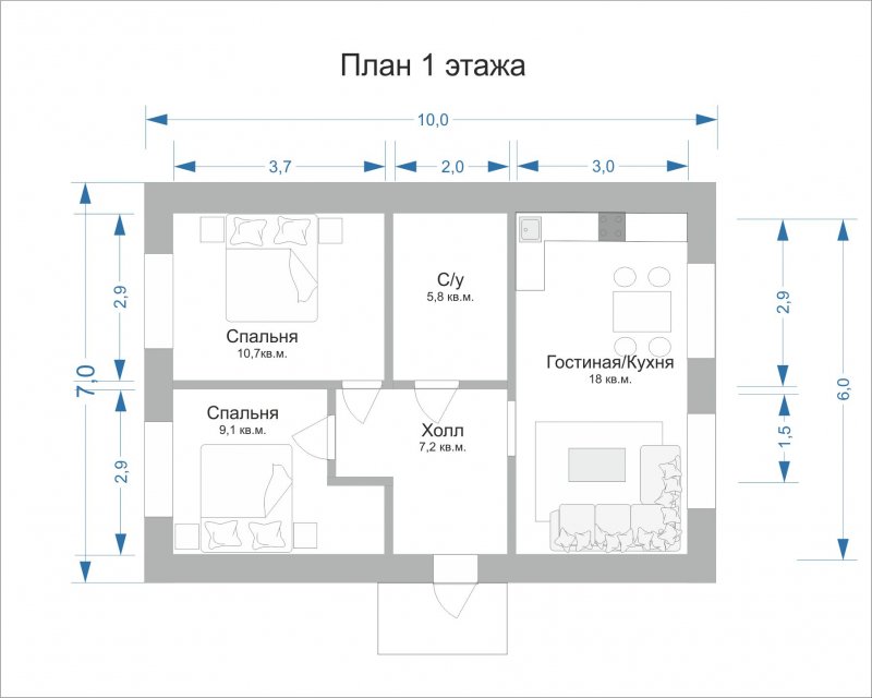 Дом 6х9 одноэтажный планировка