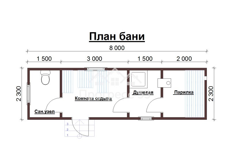 Планировка бани 6х4 с туалетом и душем