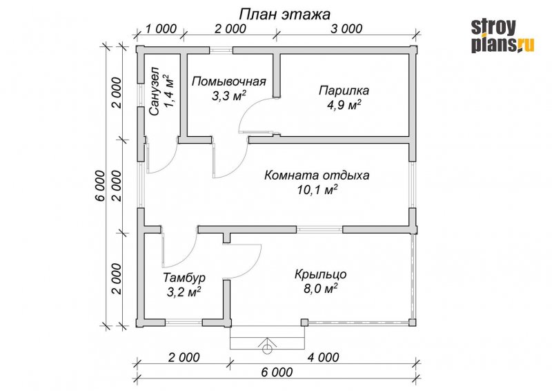 Баня с санузлом планировка6×6 с помывочной