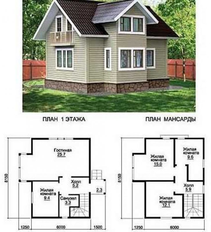 Планировка дома 6 на 8 пеноблоков с мансардой