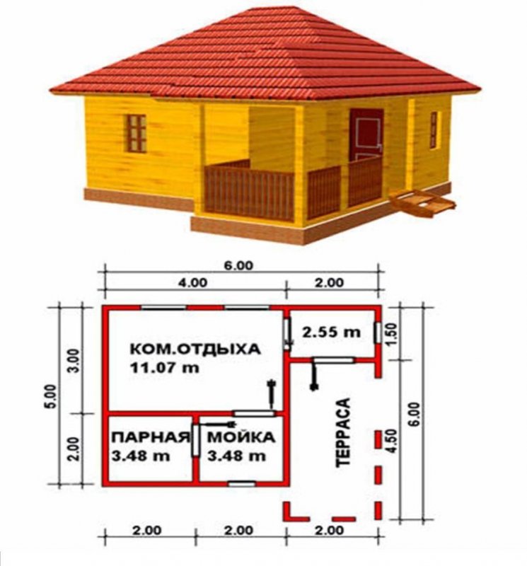 Проект бани 3 на 5 из бруса с верандой