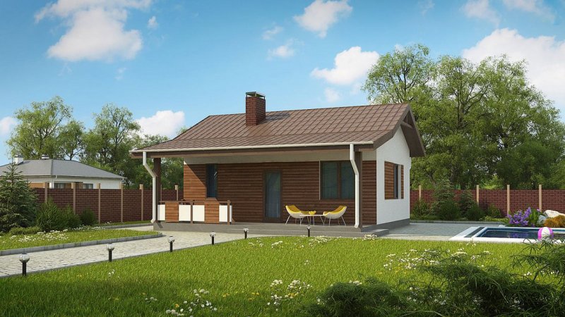 Кирпичная баня с террасой под одной крышей