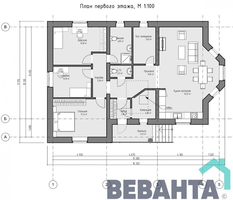 Проект одноэтажного дома 170 кв.м