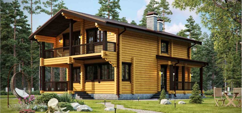 Деревянный дом с террасой и балконом