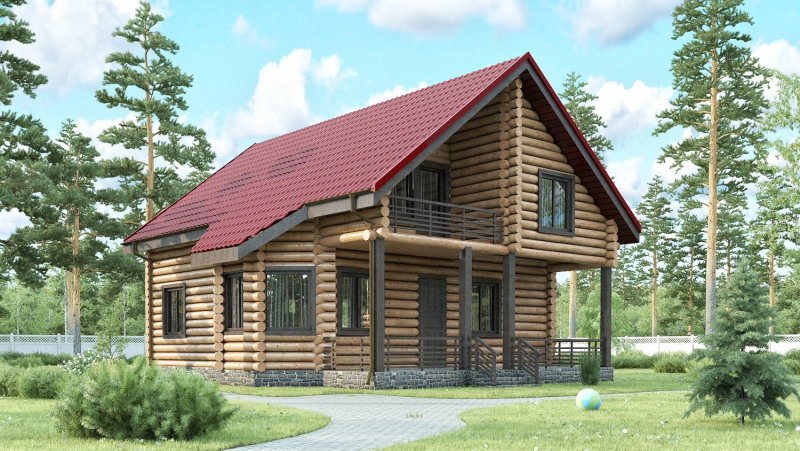Дом из сруба с балконом и верандой