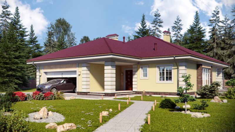 Одноэтажный дом с шатровой крышей