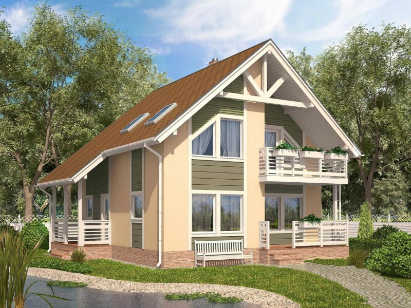 Мансардный дом с балконом и террасой