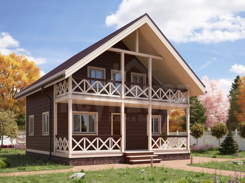 Каркасный дом с террасой и балконом 8х8